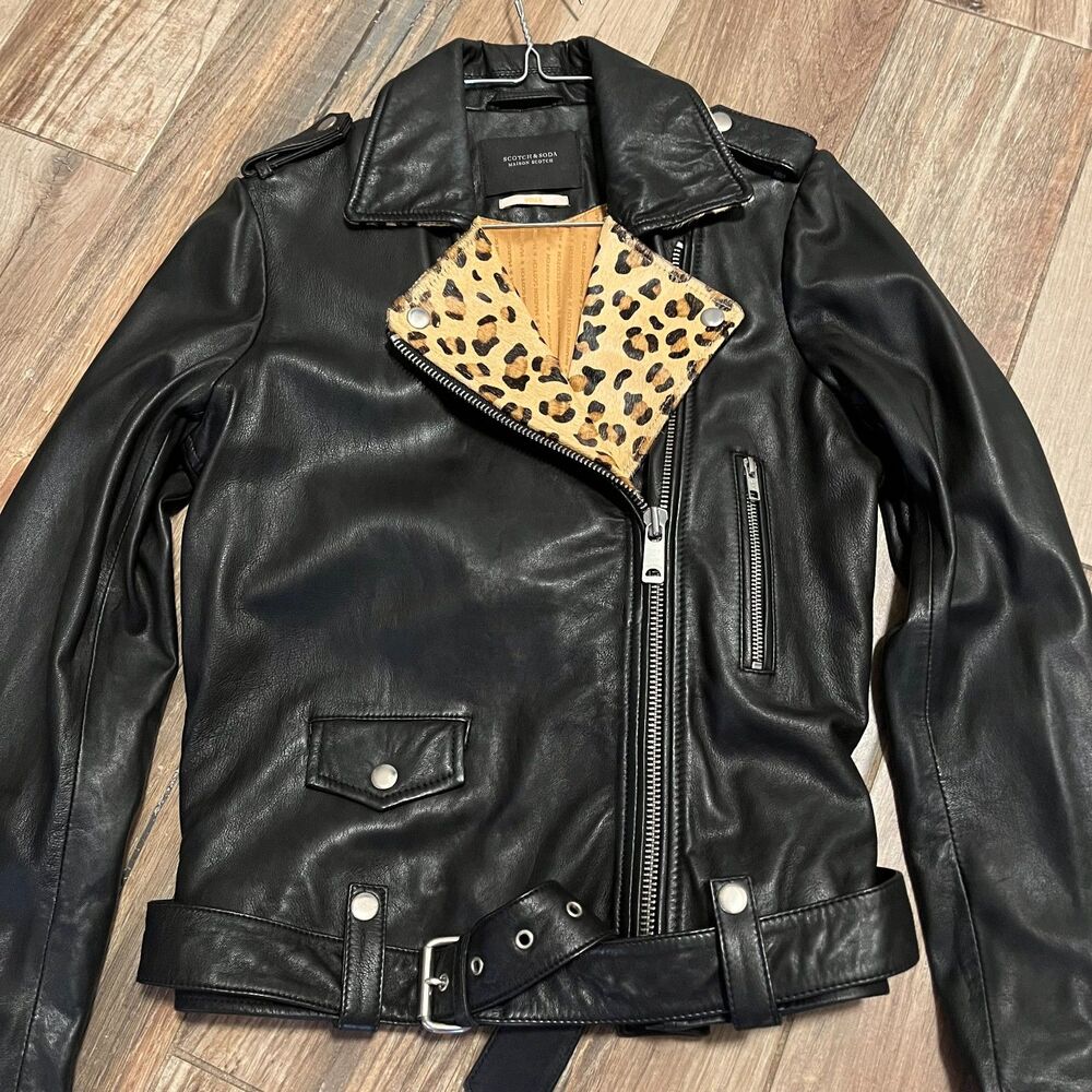 Scotch & Soda Womens Black Leather & Leopard Jaguar Trim Biker Jacket NWOT Small